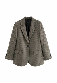 Houndstooth-mønstret blazer i brun og sort. Skræddersyet design med spidskraver, to frontlommer og knaplukning. Struktureret stof.