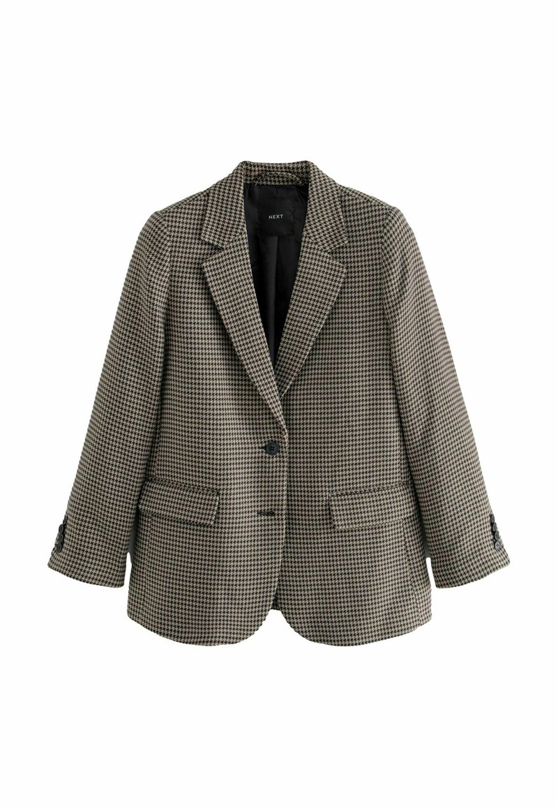 Houndstooth-mønstret blazer i brun og sort. Skræddersyet design med spidskraver, to frontlommer og knaplukning. Struktureret stof.
