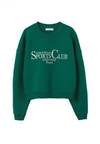 Sweat à col rond vert foncé avec texte blanc "Healthy & Wellness Sports Club Les Revoires France" à l'avant.