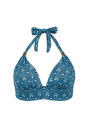 Niebieski top bikini na szyję z geometrycznym kwiatowym wzorem i złotymi pierścieniami na ramiączkach, zawiązany na kokardę przy szyi.