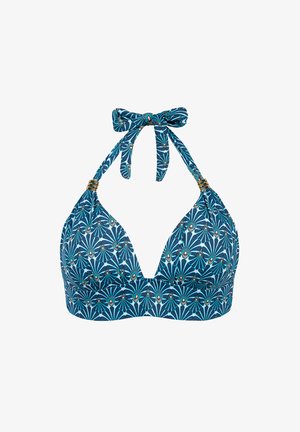 Niebieski top bikini na szyję z geometrycznym kwiatowym wzorem i złotymi pierścieniami na ramiączkach, zawiązany na kokardę przy szyi.