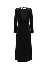 Robe en velours noir avec un décolleté en V profond et des manches longues. Présentant un dos ouvert avec des détails de lien, elle a une silhouette maxi fluide.