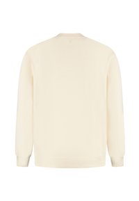 Crème-kleurige sweatshirt met lange mouwen, ribgebreide manchetten en zoom, voorzien van een klein driehoekig logo dat net onder de halslijn op de achterkant is geplaatst.