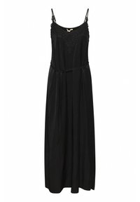 Robe maxi noire en tissu lisse, dotée de bretelles spaghetti réglables, d'un détail en dentelle élaboré au niveau du corsage et d'une ceinture à nouer.