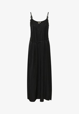 Zwarte maxi-jurk van soepel materiaal, met verstelbare spaghetti straps, complexe kantdetails bij het lijfje en een zelfbindende riem.