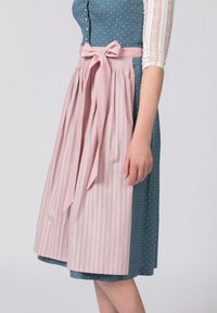 Blue dress with a patterned bodice, silver buttons, and a pink pleated skirt. The waist is accented with a pink ribbon bow.
