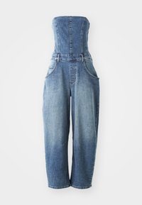 Denim jumpsuit i ljusblått, utan axelband, figurnära liv, bredbenta silhuett, sidfickor, urtvättad textur med kontrasterande sömmar.