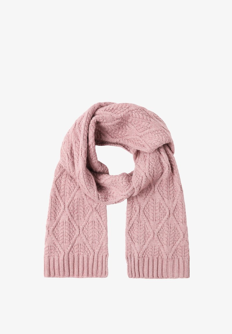 Scarf lavorato a maglia rosa con motivo a diamante, tessuto testurizzato e estremità a costine, progettato per calore e comfort.