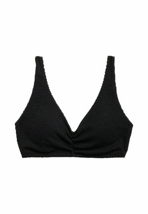 Zwarte bikinibovenstuk met een getextureerde, geribbelde stof. Heeft een diepe V-hals, brede bandjes en geplooide details in het midden.