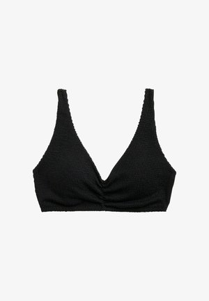 Zwarte bikinibovenstuk met een getextureerde, geribbelde stof. Heeft een diepe V-hals, brede bandjes en geplooide details in het midden.