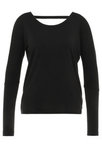 Schwarzes Langarmshirt mit rundem Halsausschnitt, glattem Stoff und lockerer Passform. Ausstattung mit einem schmalen horizontalen Ausschnitt auf der Rückseite.
