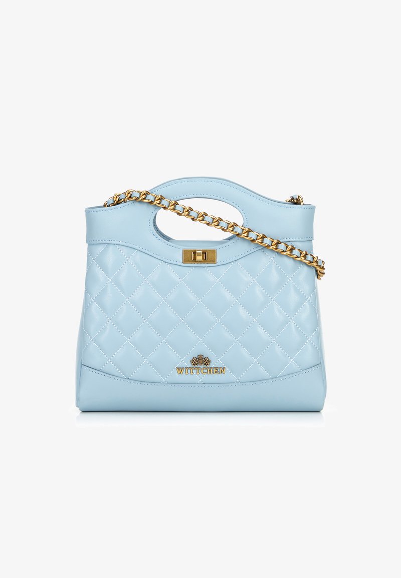 Borsa a tracolla trapuntata di colore azzurro chiaro in pelle sintetica, con catena dorata, manico superiore e chiusura dorata con il marchio WITTCHEN.