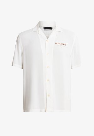 Kortebloes met korte mouwen in een lichtgewicht stof, met een knoopsluiting, featuring het "ALLSAINTS" logo in bruin en een minimalistisch ontwerp.