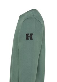 Felpa verde in cotone con maniche lunghe, caratterizzata da un collo rotondo e un logo "H" nero sulla manica sinistra. Tessuto liscio, design casual.
