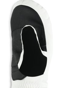 Guanto imbottito bianco e nero con un'esterno testurizzato, dettagli lisci neri e una forma distintiva per la protezione della mano.