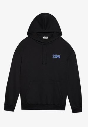 Black hoodie made of soft fabric, featuring a front pocket, ribbed cuffs, and an embroidered blue logo on the chest.