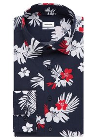 Korte mouwen overhemd in marineblauwe katoen met rood-wit bloemenpatroon, kraag met een knoop en bijpassende zakdetail.