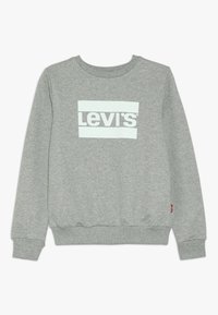 Felpa grigia chiara a maniche lunghe con collo tondo, con il logo bianco di Levi's centrato sul petto e un piccolo etichetta rossa di Levi's sul lato.