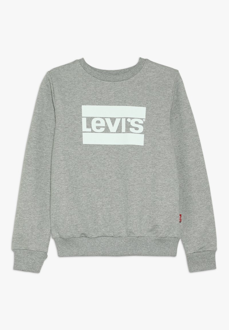 Felpa grigia chiara a maniche lunghe con collo tondo, con il logo bianco di Levi's centrato sul petto e un piccolo etichetta rossa di Levi's sul lato.