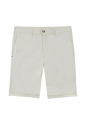 Shorts beige in cotone alla lunghezza del ginocchio con bottone frontale, chiusura con zip, tasche laterali, passanti per cintura e orlo dritto.