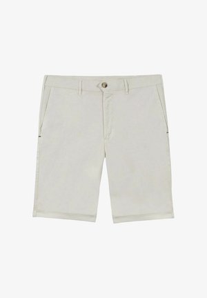 Beige katoenen shorts tot op de knie met knoop- en ritssluiting aan de voorkant, zijzakken, riemlussen en een rechte zoom.