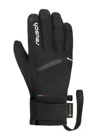 Black softshell glove with textured grip, reinforced palm, adjustable wrist strap, and GORE-TEX tag for waterproof protection.