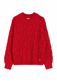 Czerwony sweter z dzianiny z wzorem warkocza, okrągłym dekoltem i długimi rękawami. Gruba tekstura z prążkowanymi mankietami i obrębem.