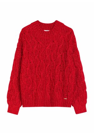 Czerwony sweter z dzianiny z wzorem warkocza, okrągłym dekoltem i długimi rękawami. Gruba tekstura z prążkowanymi mankietami i obrębem.