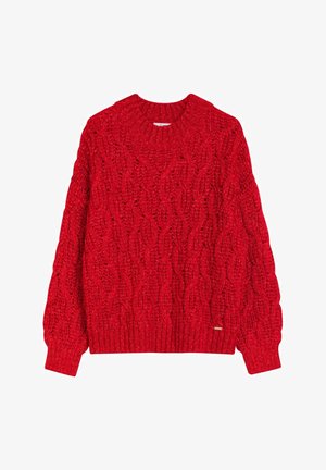 Czerwony sweter z dzianiny z wzorem warkocza, okrągłym dekoltem i długimi rękawami. Gruba tekstura z prążkowanymi mankietami i obrębem.