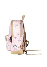Roze rugzak met een cartoon dierenprint, met beige accenten, een vo pocket en verstelbare schouderbanden. Zichtbare ritsbevestiging.