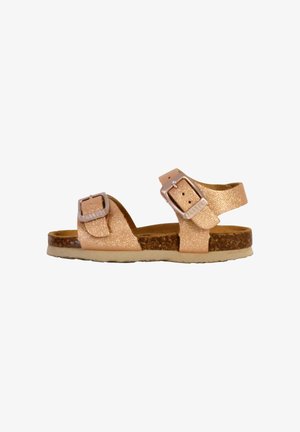 Sandale ouverte pour enfant avec des lanières métalliques en or rose et deux boucles réglables, semelle intérieure en liège et semelle beige.