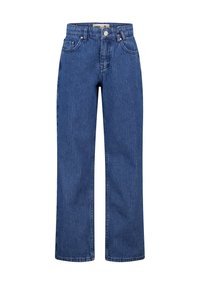 Blue denim jeans with vertical stripes, high-waisted, straight-leg fit, featuring a button and zipper closure, two front pockets, textured fabric.