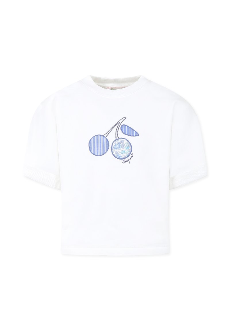 T-shirt blanc à manches courtes arborant un graphique de cerise bleue, avec un motif et un coloris uni, et des détails de col et de poignets côtelés texturés.