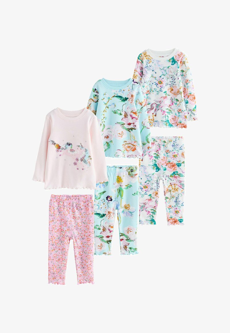 Három szett gyerek hosszú ujjú virágmintás pizsama rózsaszín, kék és fehér színekben, unikornis és különféle virágmintákkal díszítve.