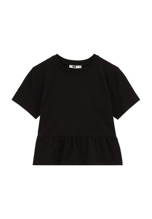 Czarna koszulka dla malucha z krótkim rękawem, okrągłym dekoltem i marszczonym, baskinkowym dołem w talii.