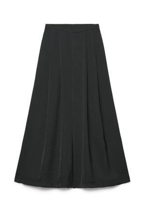 Jupe noire taille haute en ligne A avec plis devant, longueur midi et taille ajustée, présentée sur fond blanc.