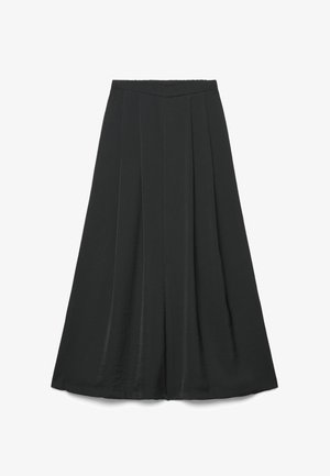 Jupe noire taille haute en ligne A avec plis devant, longueur midi et taille ajustée, présentée sur fond blanc.