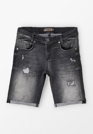 Czarne dżinsowe szorty z przetartymi detalami, podwiniętymi nogawkami, z przodu z guzikiem, zamkiem błyskawicznym i pięcioma kieszeniami.