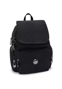 Black backpack with a flap closure, zipper pockets, and a circular logo accent. Made from durable material with smooth texture and metallic hardware.