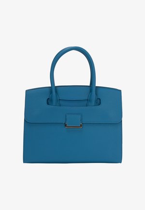 Kék bőr kézitáska, strukturált formával, két felső fogantyúval és fedélzárral, arany tónusú záróelemmel. Texturált felület.