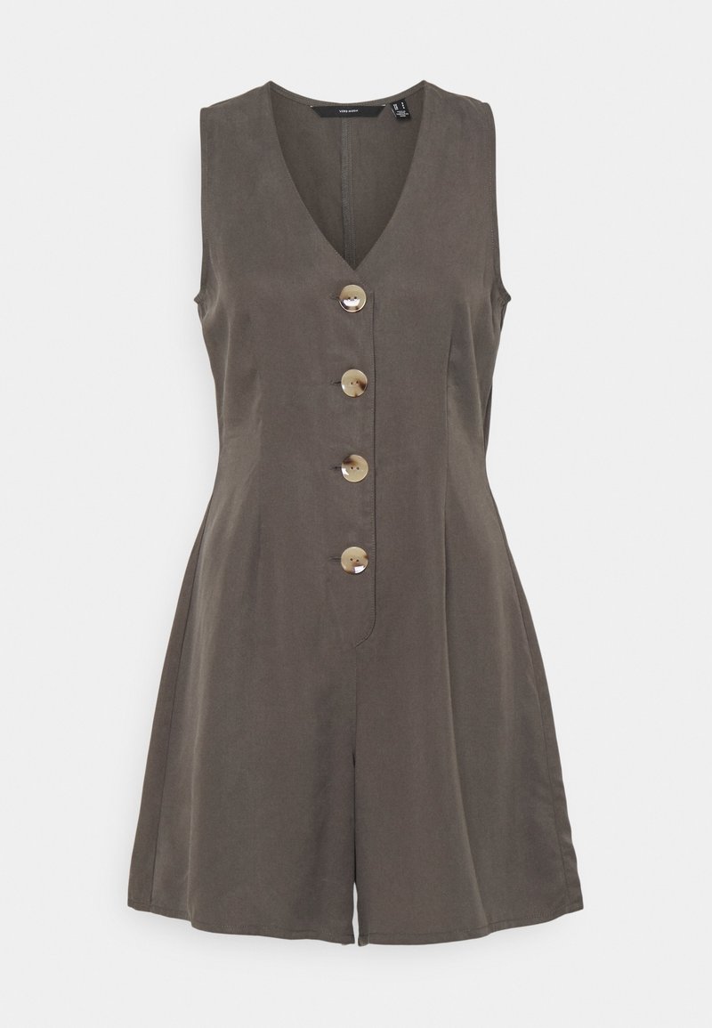 Combinaison sans manches couleur olive foncée avec col en V et quatre gros boutons ronds sur le devant, bas style short évasé.