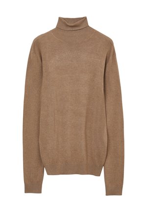 Brauner Rollkragenpullover aus weichem Material; lockere Passform; gerippter Kragen und Saum; lange Ärmel; minimaler Textur und keine sichtbaren Muster.