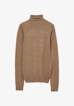 Brauner Rollkragenpullover aus weichem Material; lockere Passform; gerippter Kragen und Saum; lange Ärmel; minimaler Textur und keine sichtbaren Muster.