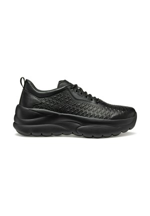 Baskets de sport noires avec un motif tissé texturé sur le dessus, semelle en caoutchouc, bout arrondi et une languette au talon pour faciliter l'enfilage.