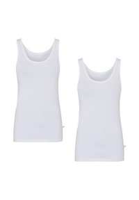 Two white tank tops made from soft fabric, featuring a scoop neck, straight cut, and side seams, with a small tag on the bottom left.
