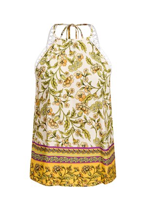 Bloemenhaltertje met groene en oranje bloemen op een crèmekleurige achtergrond, met gehaakte witte bandjes en een gele bloemenrand aan de zoom.