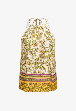 Floral halter top with green and orange flowers on cream background, featuring crocheted white straps and a yellow floral border at hem.