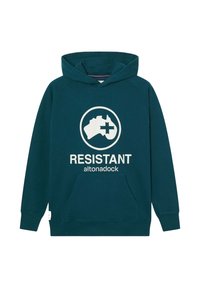 Sudadera con capucha azul verdoso hecha de tela suave con un bolsillo canguro, que presenta un gran logo circular blanco y texto: "RESISTANT altonadock."