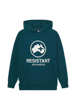 Sudadera con capucha azul verdoso hecha de tela suave con un bolsillo canguro, que presenta un gran logo circular blanco y texto: "RESISTANT altonadock."