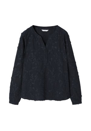 Marineblauwe blouse met lange mouwen en een ronde halslijn, voorzien van bloemenborduursels, een knoopsluiting en textuuraccenten door het hele ontwerp.